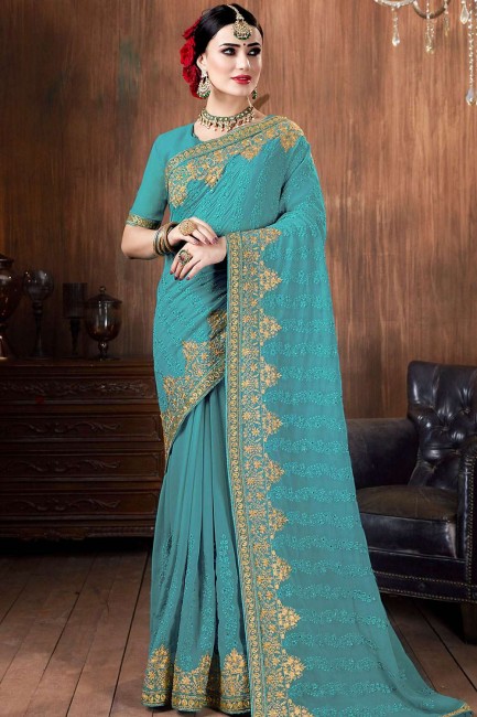 Sky Blue Georgette Embroidered Party Wear Saree with Blouse