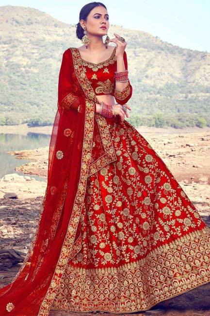 Red Satin and silk Wedding Lehenga Choli