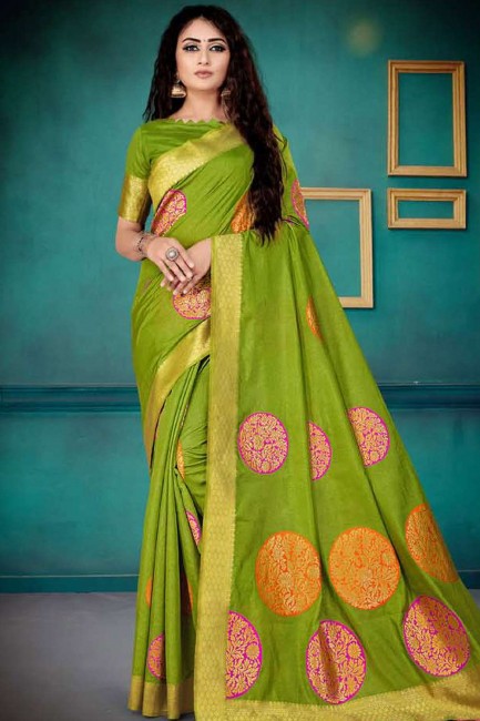 Saree in Light Green Silk with Weaving