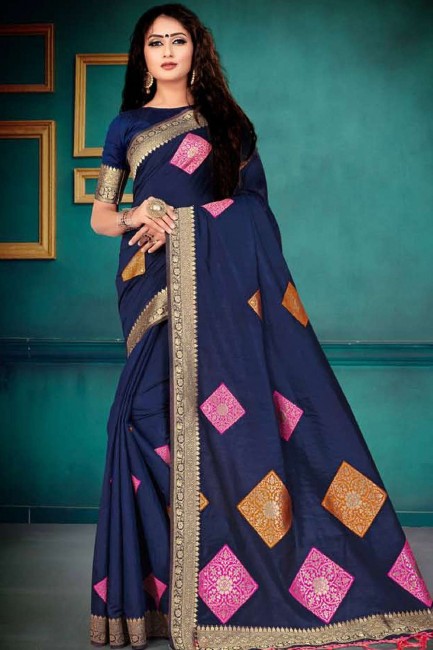 Saree in Navy Blue Silk with Weaving