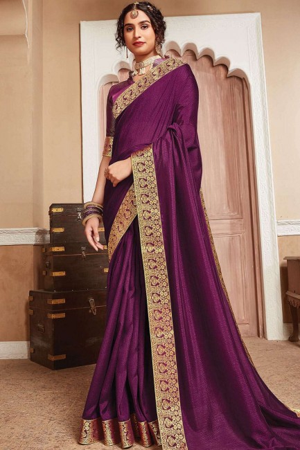Lace Border Silk Saree in Purple with Blouse