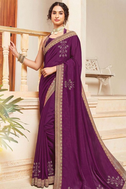Fascinating Embroidered Saree in Purple Silk