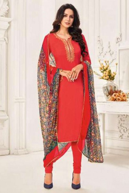 Cotton Salwar Kameez in Tomato Red with Chanderi