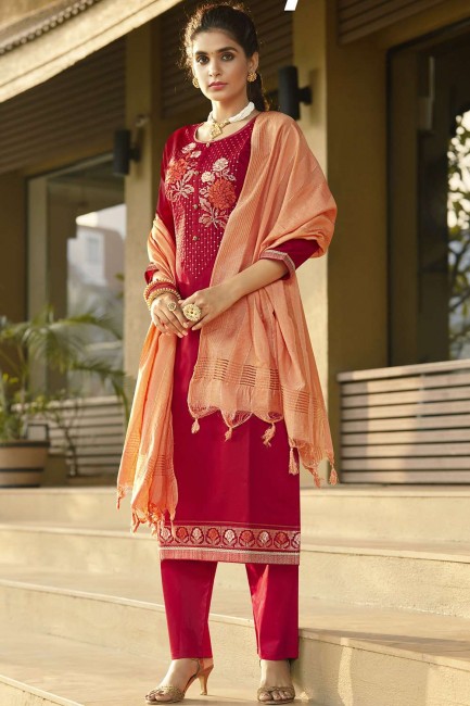 Red Salwar Kameez in Silk with Cotton