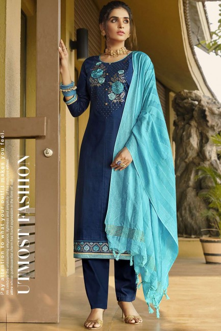 Blue Salwar Kameez in Cotton Silk