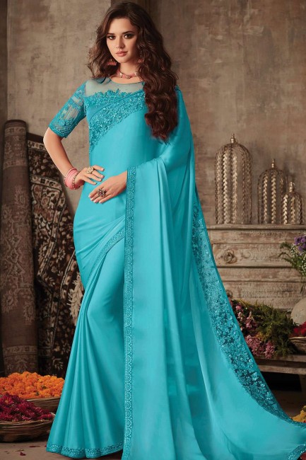 Silk Party Wear Saree with Embroidered in Sky Blue