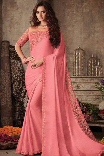 Silk Party Wear Saree with Embroidered in Pink & Peach
