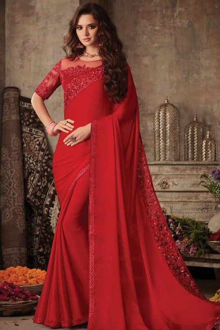 Embroidered Silk Red Party Wear Saree Blouse
