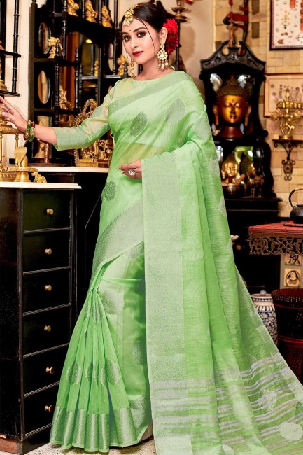 Embroidered Saree in Light Green Linen