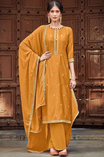 Musterd Yellow Palazzo Pant Palazzo Suit in Silk with Cotton