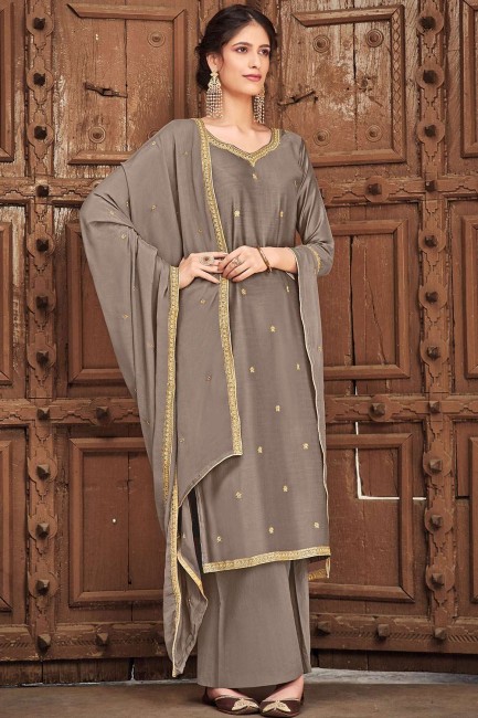 Classy Silk Palazzo Suit with Cotton in Grey