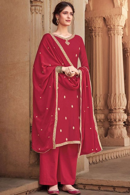 Cotton Silk Palazzo Suit in Red with dupatta