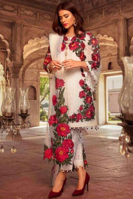 Georgette Palazzo Suit in White with dupatta