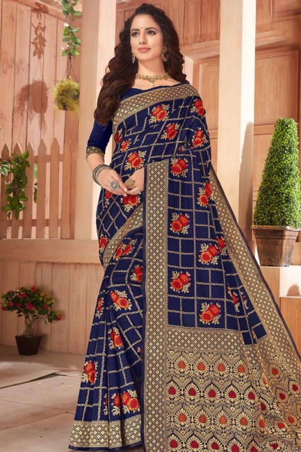Silk Saree in Navy Blue with Weaving