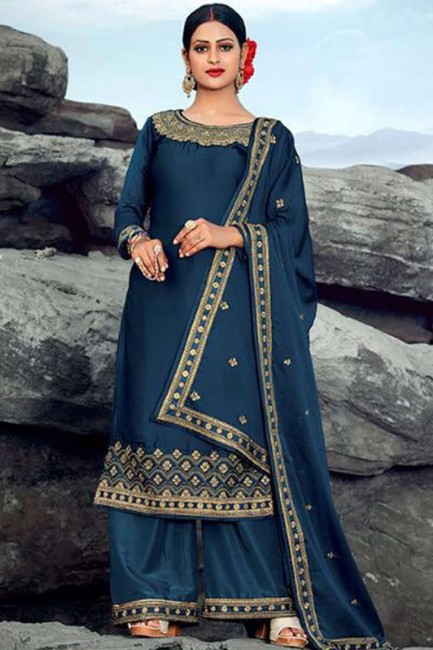 Navy Blue Palazzo Suit in Satin with Georgette
