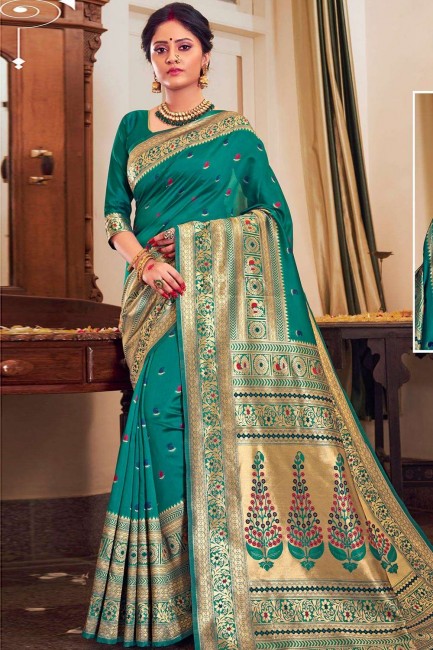 Rama Green Jacquard & Silk Printed South Indian Saree with Blouse