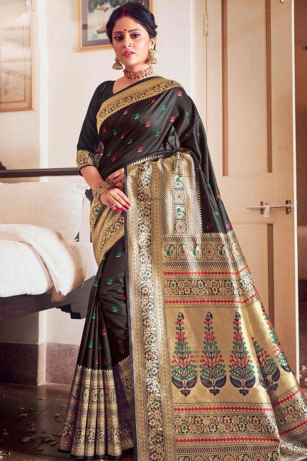 Printed Saree in Black Jacquard & Silk