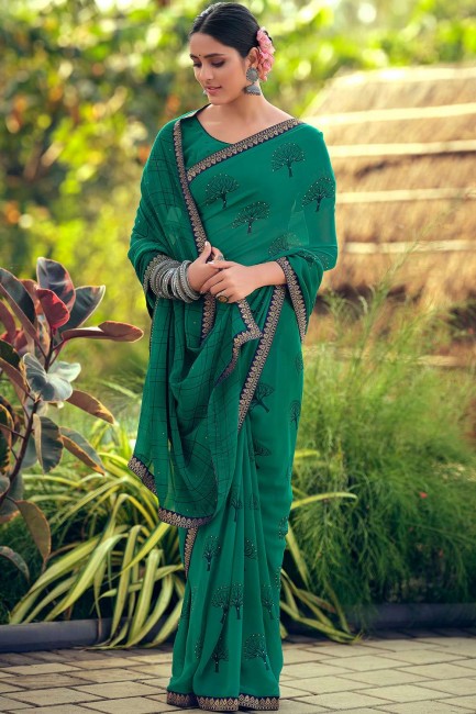 Green Saree with Printed Georgette