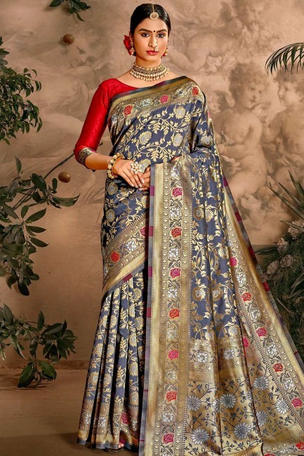 Blue Party Wear Saree with Weaving Art Silk