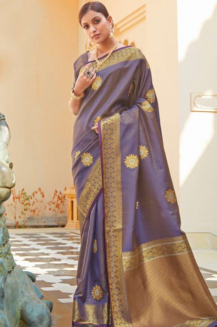Silk South Indian Saree in Purple with Weaving
