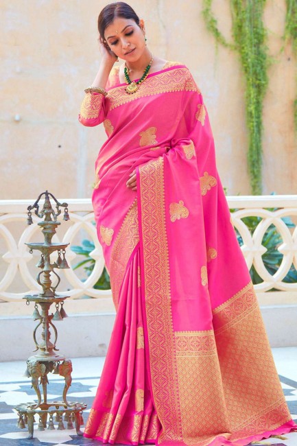 South Indian Saree in Pink Silk with Weaving