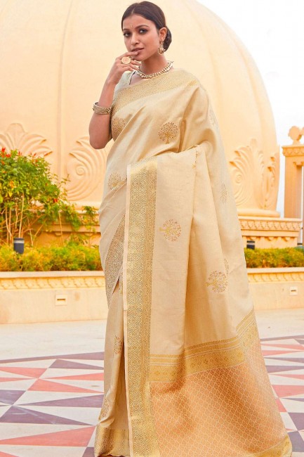 Weaving Silk South Indian Saree in Cream with Blouse