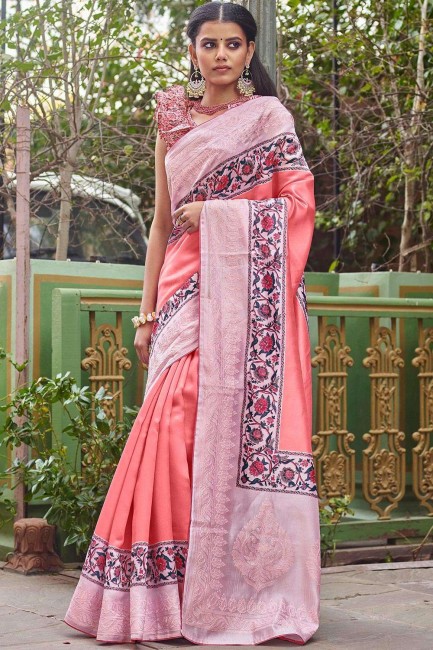Baby Pink South Indian Saree with Printed Satin & Silk
