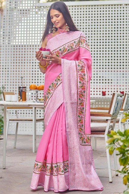 Pink South Indian Saree in Printed Satin & Silk