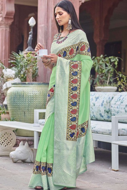 Satin & Silk South Indian Saree with Printed in Light Green