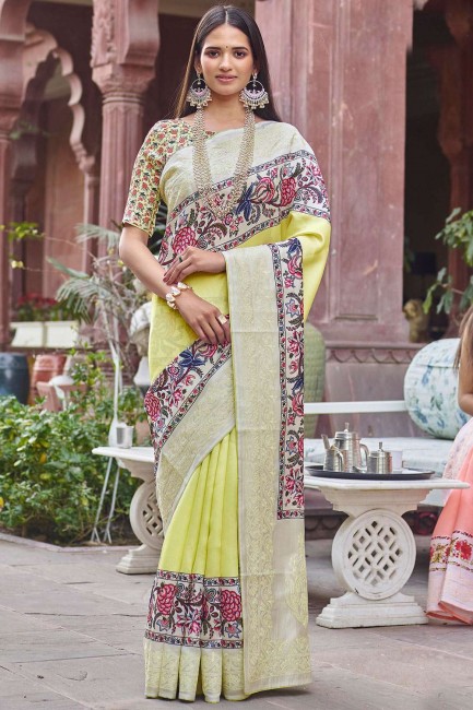 Satin & Silk South Indian Saree with Printed in Lemon Yellow
