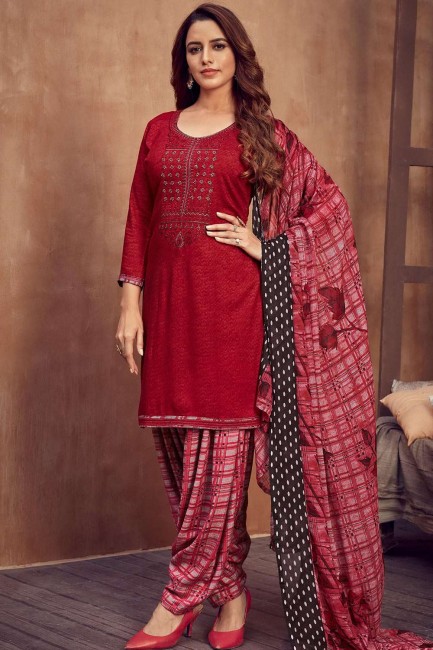 Red Rayon Patiala Suit in Viscose