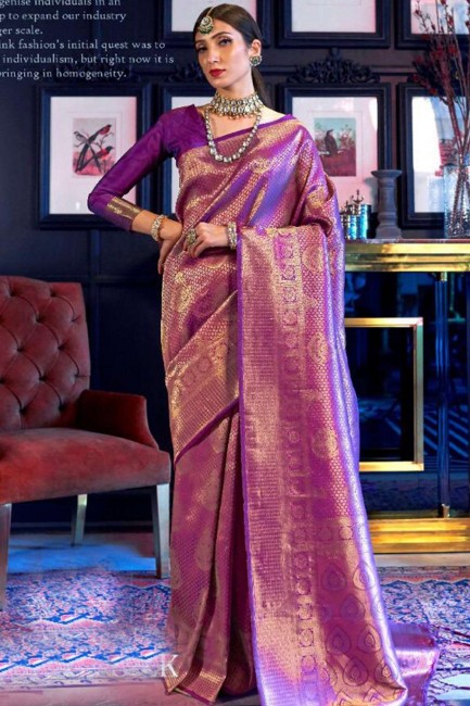 Purple Weaving South Indian Saree in Raw Silk
