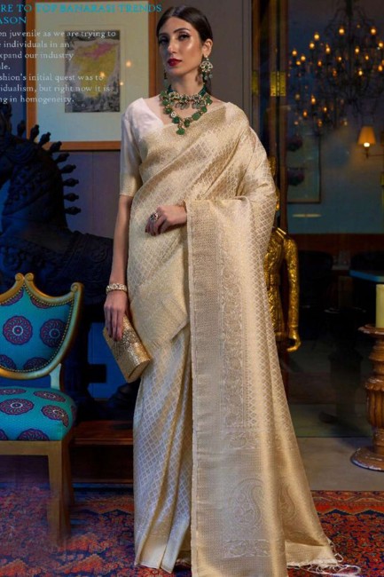 White South Indian Saree in Raw Silk with Weaving