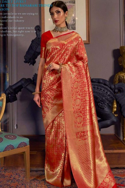 South Indian Saree in Red Raw Silk with Weaving