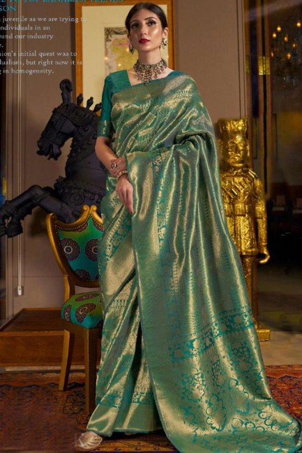Raw Silk Green South Indian Saree in Weaving