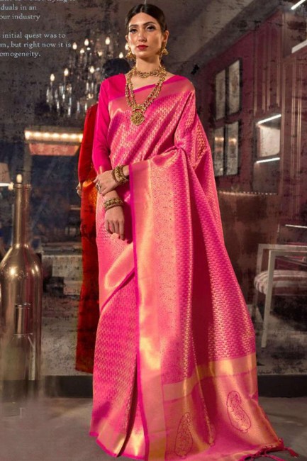 South Indian Saree in Pink Raw Silk with Weaving