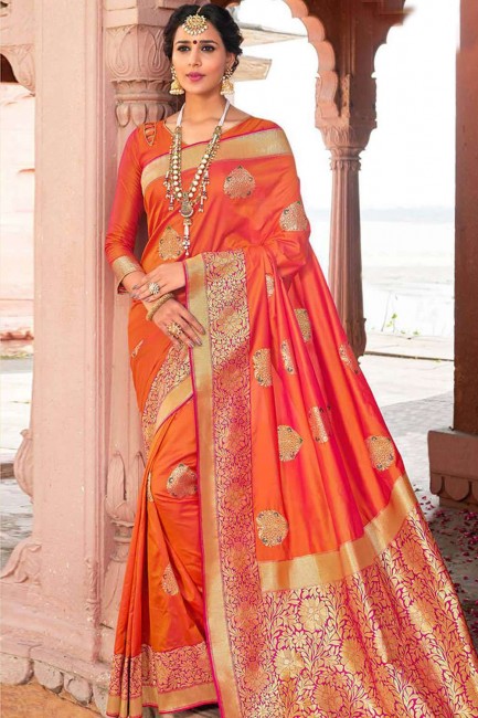 Orange Saree with Weaving Banarasi raw Silk