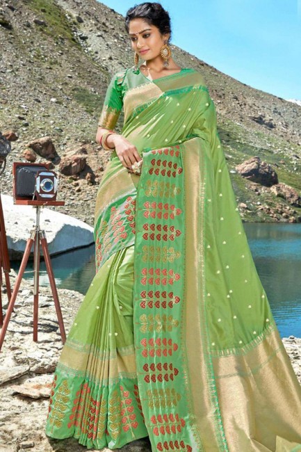 Light Green Banarasi raw Silk Saree with Weaving
