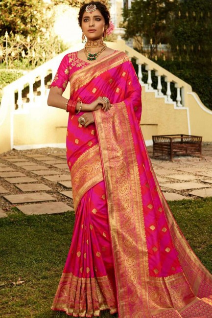 Banarasi raw Silk Saree with Weaving in Rani Pink