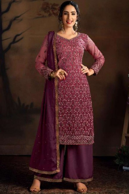 Maroon Net Palazzo Suit with Net