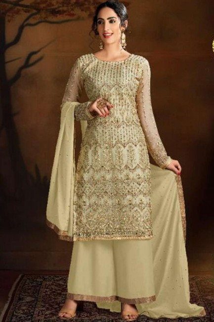 Light Yellow Net Palazzo Suit with Net