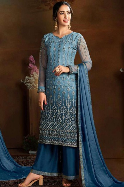 Net Palazzo Suit in Blue with Net