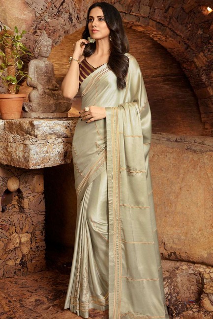 Net Saree in Off White with Embroidered