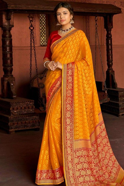 Printed Saree in Yellow Brasso & Silk
