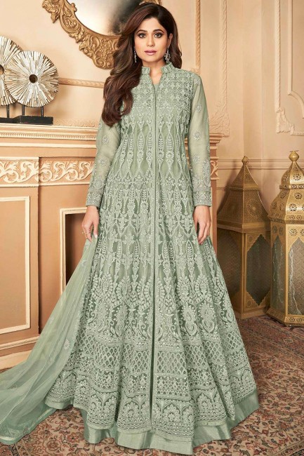 Sea Green Churidar Anarkali Suit in Net with Net