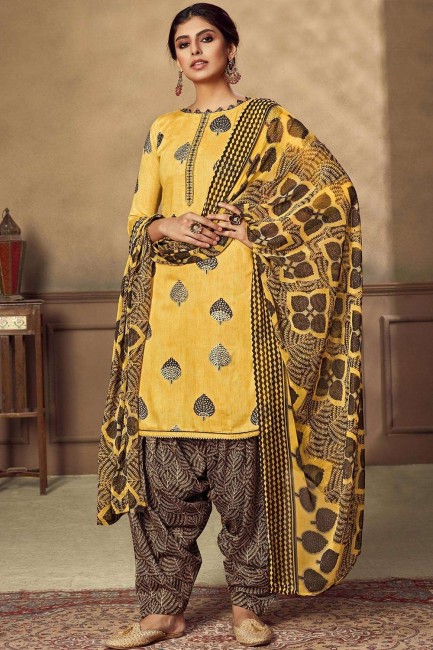 Yellow Cotton Patiala Salwar Patiala Suit with Cotton