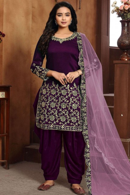 Purple Patiala Salwar Patiala Suit in Art Silk with Art Silk