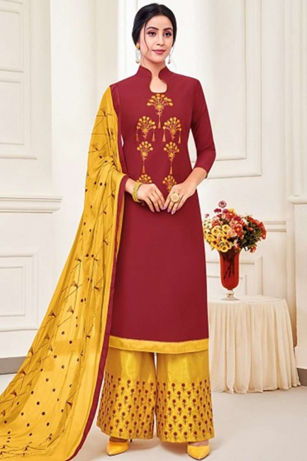 Maroon Silk Patiala Suit with Cotton