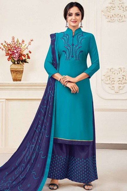 Silk Patiala Suit with Cotton in sky Blue