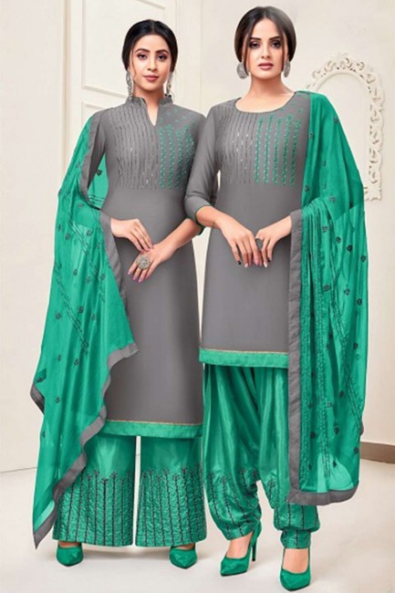 Grey Cotton Patiala Salwar Patiala Suit in Silk